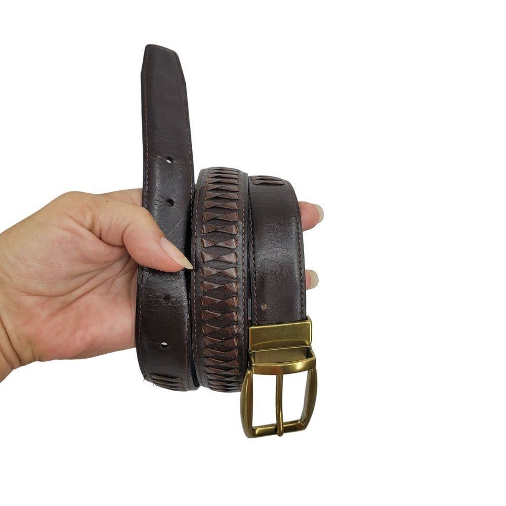 Mens Leather Belt 36 Brown Woven‎ Detail Gold Metal Rectangular Buckle Western